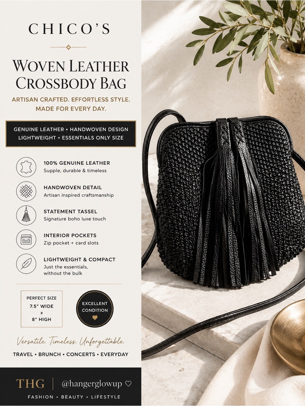 Chico’s Black Leather Woven Tassel Crossbody Bag